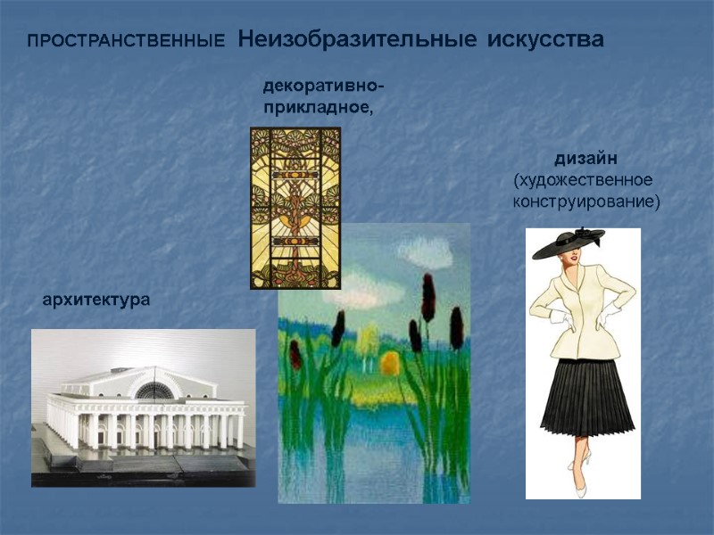 ПРОСТРАНСТВЕННЫЕ  Неизобразительные искусства  дизайн (художественное  конструирование) . архитектура  декоративно- прикладное,